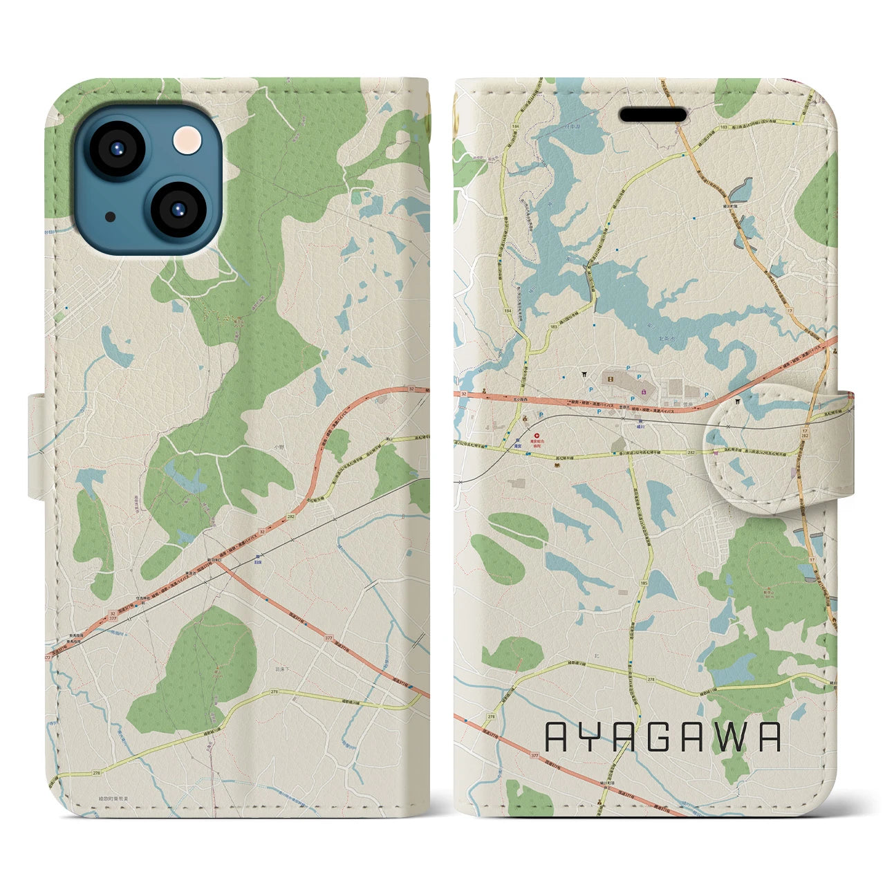 【綾川(香川県)】地図柄iPhoneケース(手帳タイプ)ナチュラル・iPhone 13 用