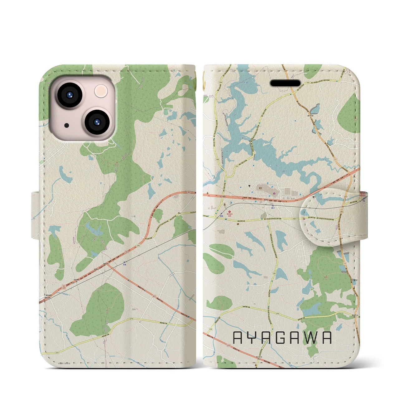 【綾川(香川県)】地図柄iPhoneケース(手帳タイプ)ナチュラル・iPhone 13 mini 用