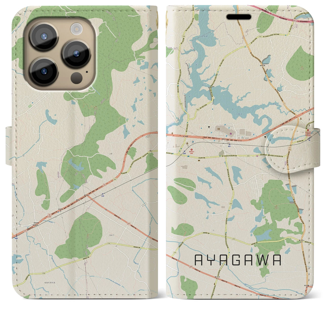 【綾川(香川県)】地図柄iPhoneケース(手帳タイプ)ナチュラル・iPhone 14 Pro Max 用