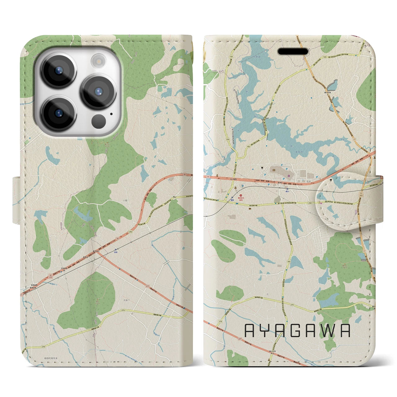 【綾川(香川県)】地図柄iPhoneケース(手帳タイプ)ナチュラル・iPhone 14 Pro 用