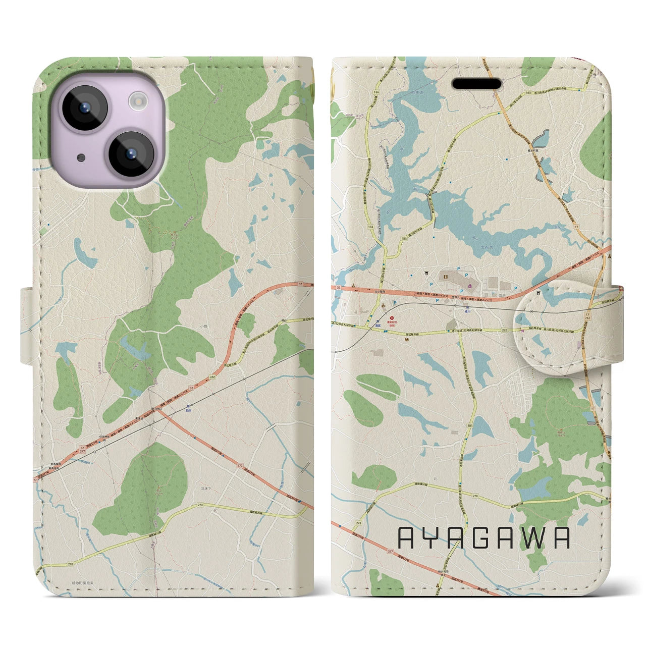 【綾川(香川県)】地図柄iPhoneケース(手帳タイプ)ナチュラル・iPhone 14 用