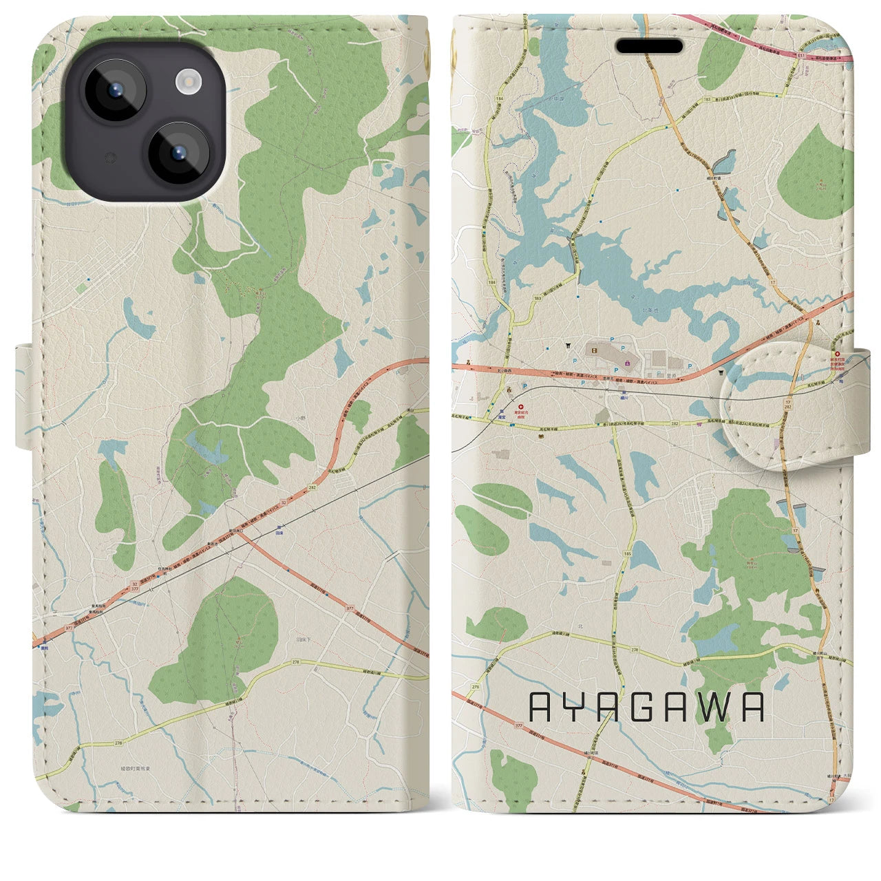 【綾川(香川県)】地図柄iPhoneケース(手帳タイプ)ナチュラル・iPhone 14 Plus 用