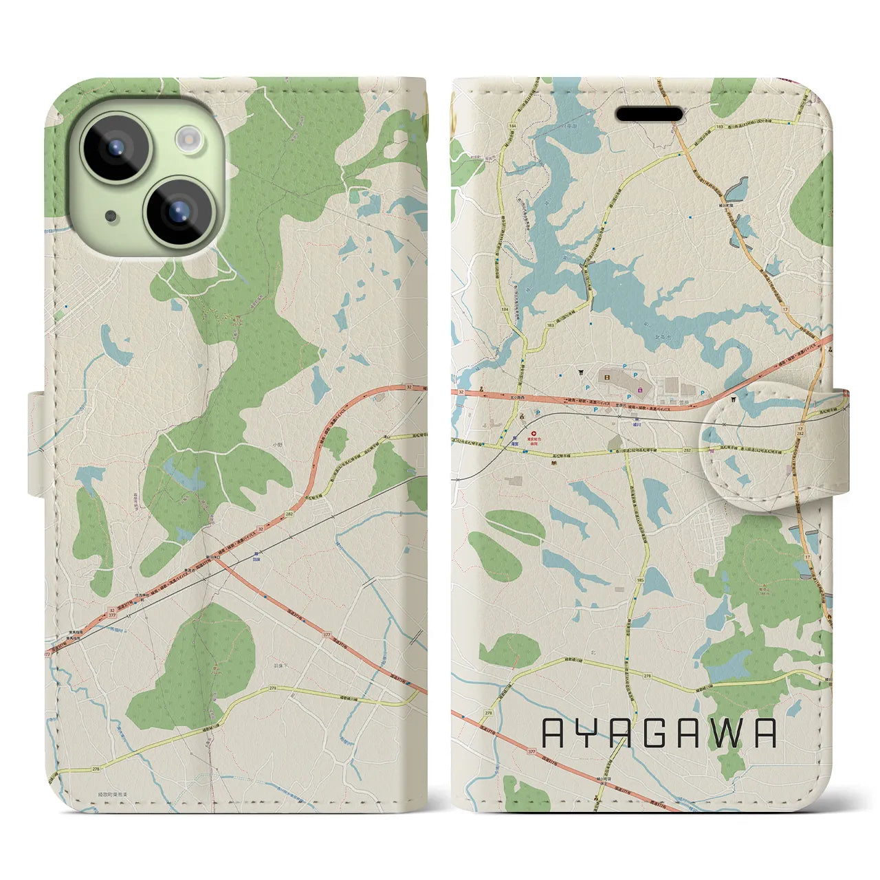 【綾川(香川県)】地図柄iPhoneケース(手帳タイプ)ナチュラル・iPhone 15 用