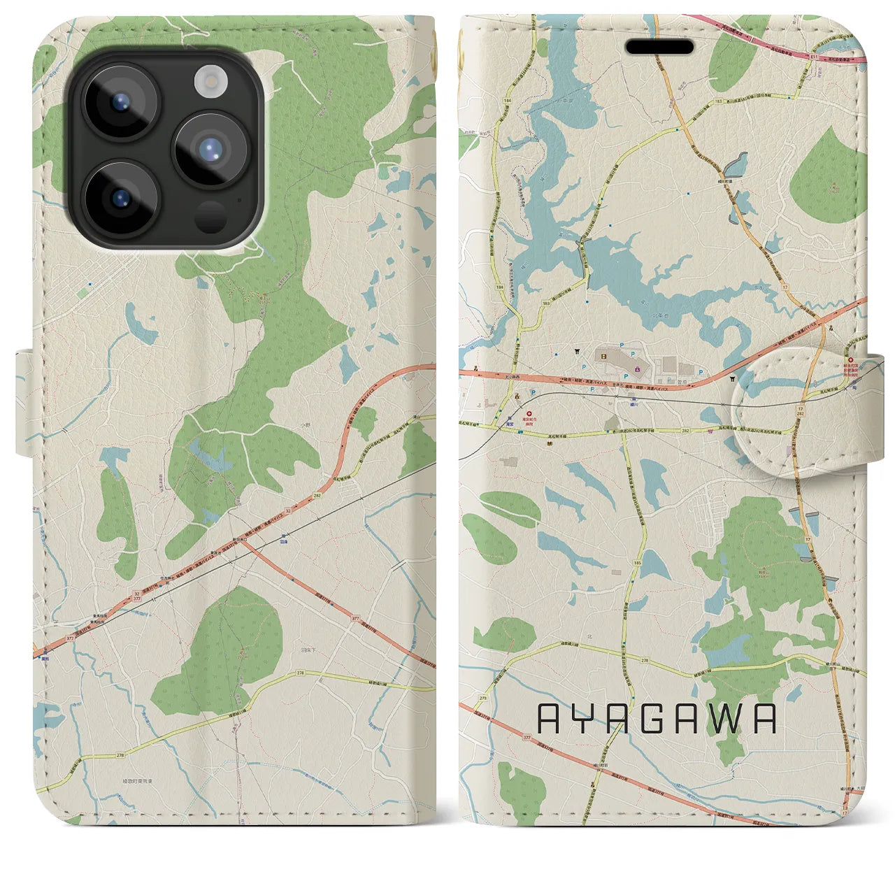 【綾川(香川県)】地図柄iPhoneケース(手帳タイプ)ナチュラル・iPhone 15 Pro Max 用