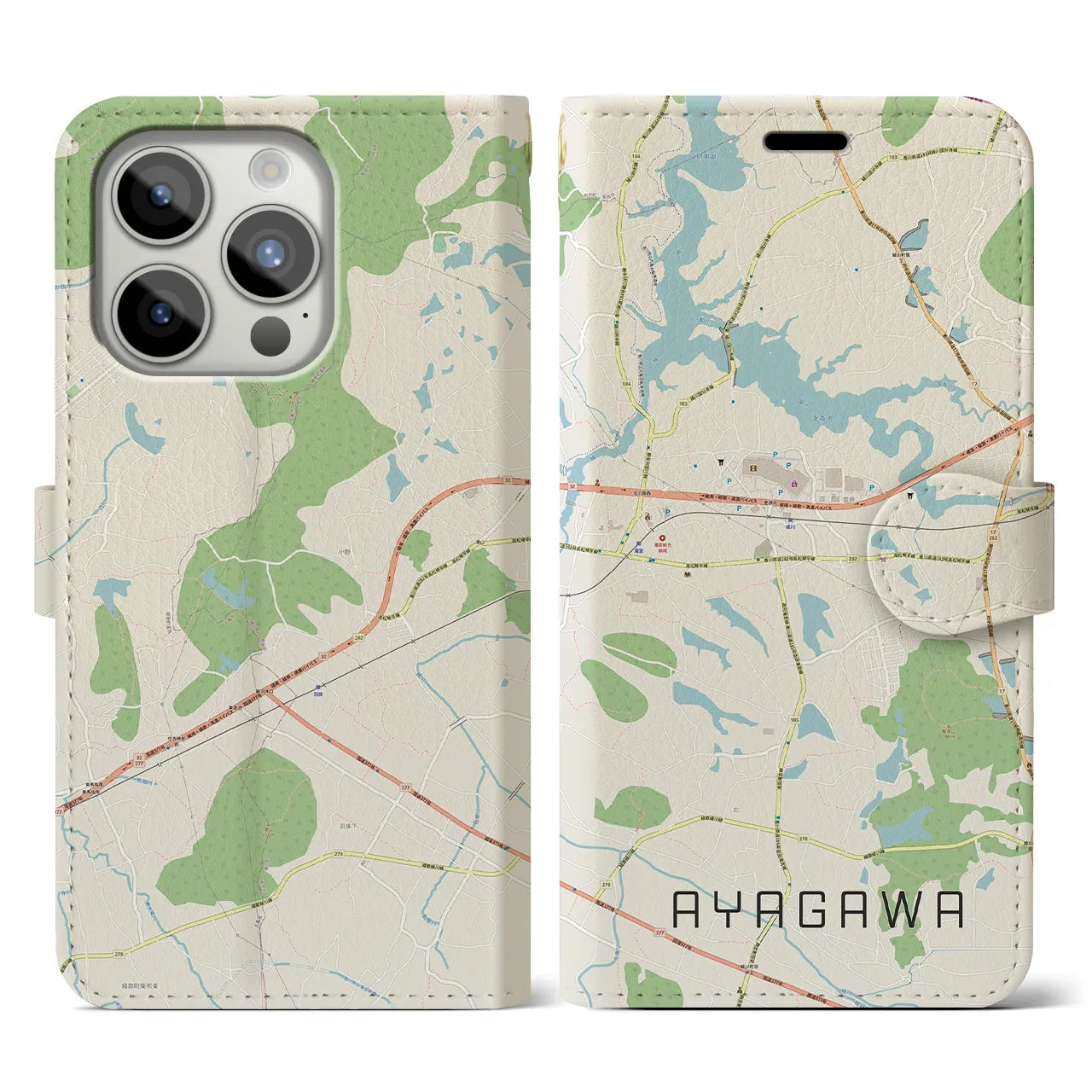 【綾川(香川県)】地図柄iPhoneケース(手帳タイプ)ナチュラル・iPhone 15 Pro 用