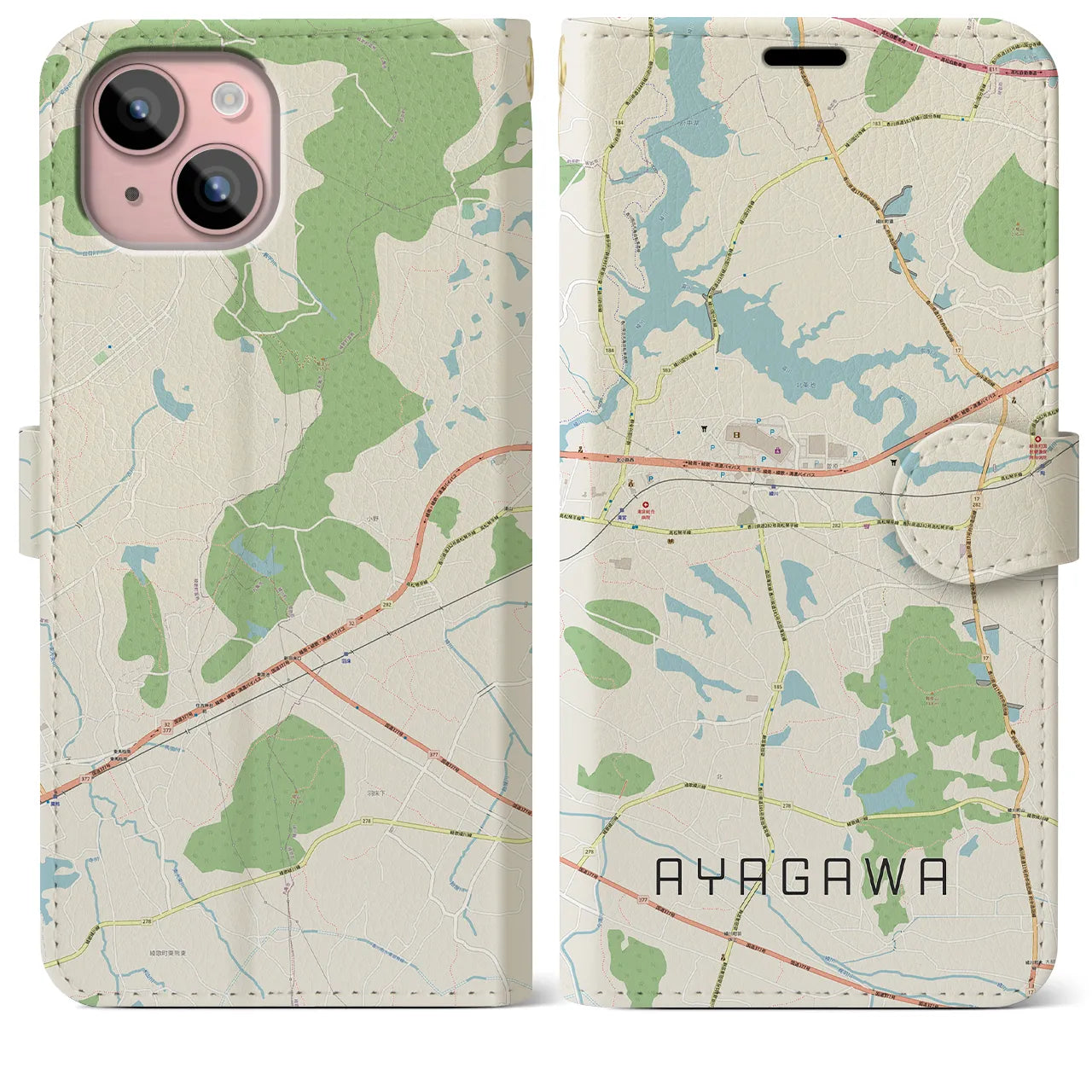 【綾川(香川県)】地図柄iPhoneケース(手帳タイプ)ナチュラル・iPhone 15 Plus 用