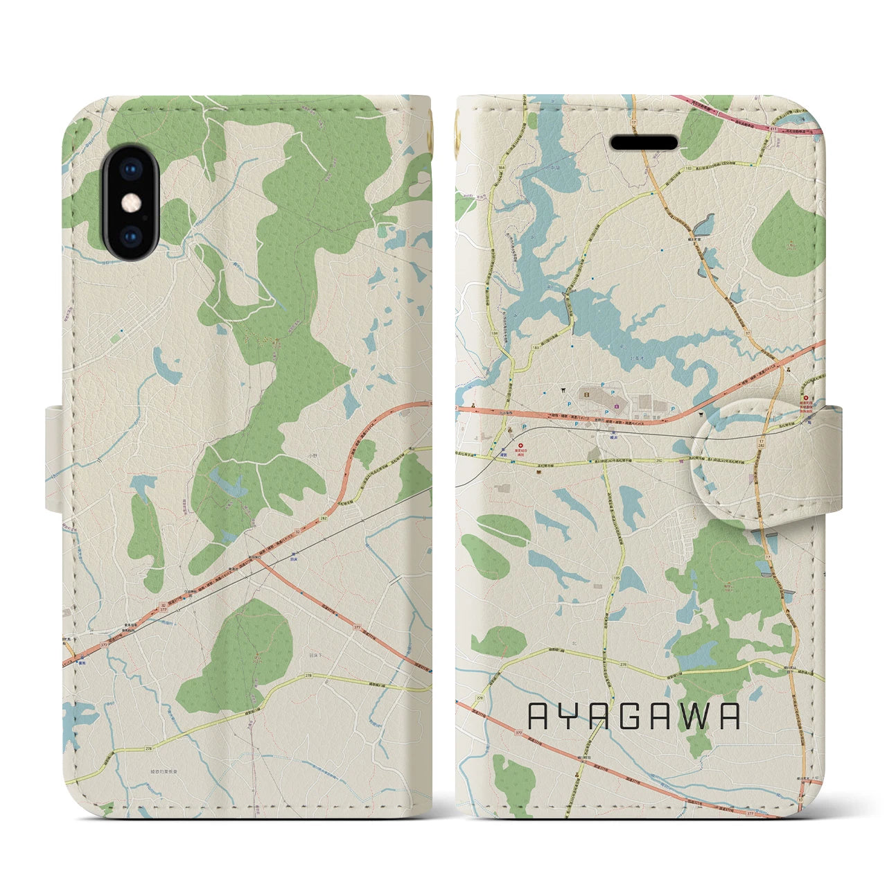 【綾川(香川県)】地図柄iPhoneケース(手帳タイプ)ナチュラル・iPhone XS / X 用