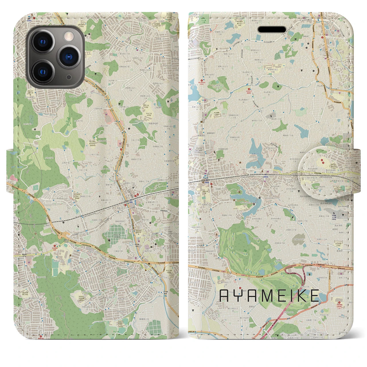 【菖蒲池(奈良県)】地図柄iPhoneケース(手帳タイプ)ナチュラル・iPhone 11 Pro Max 用