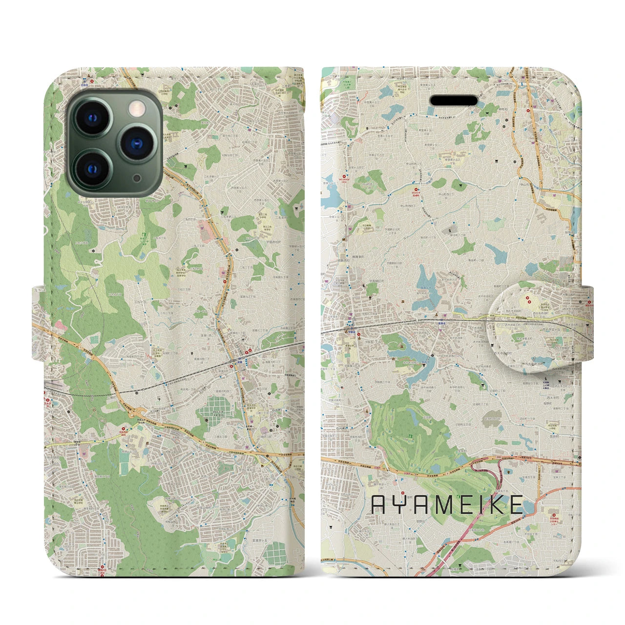 【菖蒲池(奈良県)】地図柄iPhoneケース(手帳タイプ)ナチュラル・iPhone 11 Pro 用