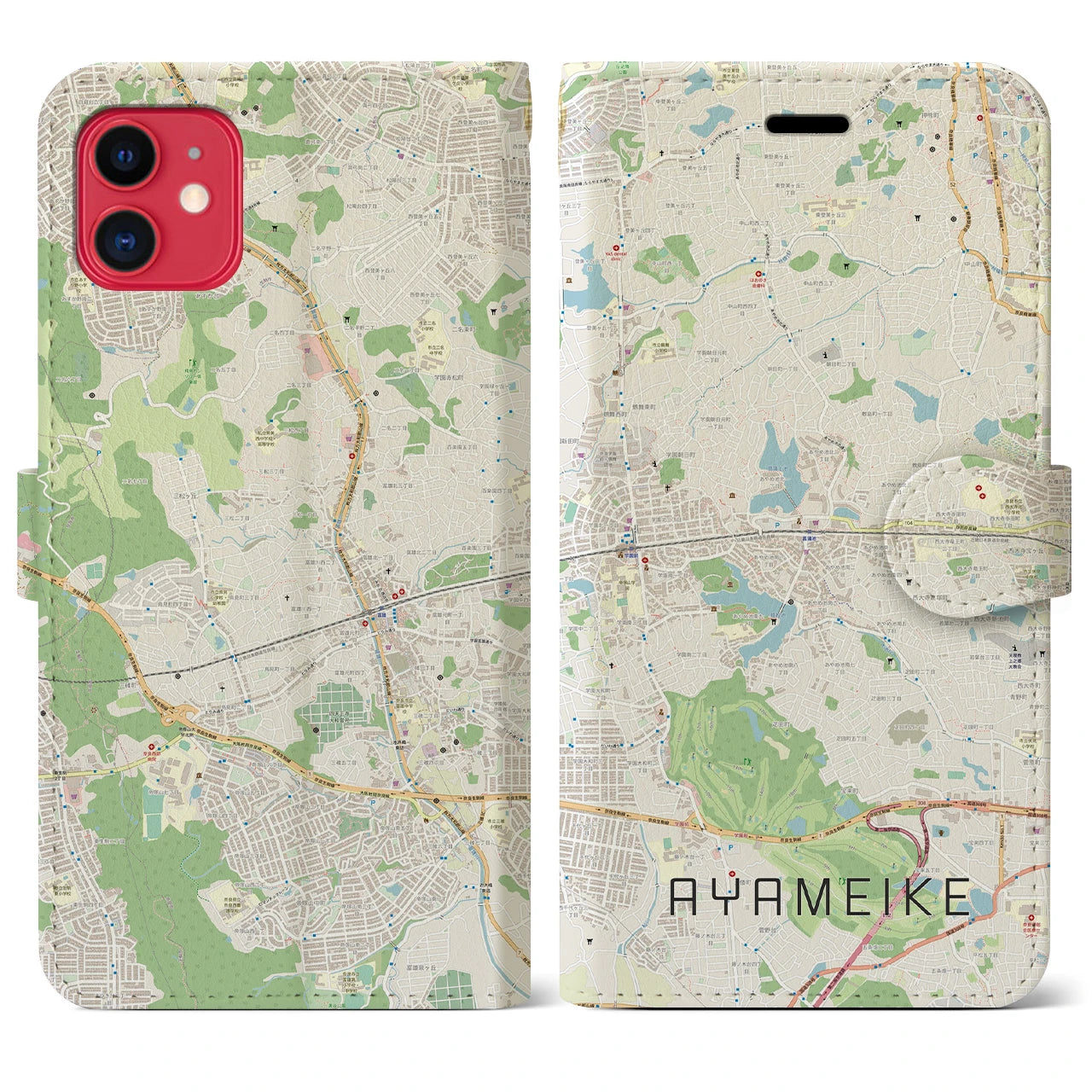 【菖蒲池(奈良県)】地図柄iPhoneケース(手帳タイプ)ナチュラル・iPhone 11 用