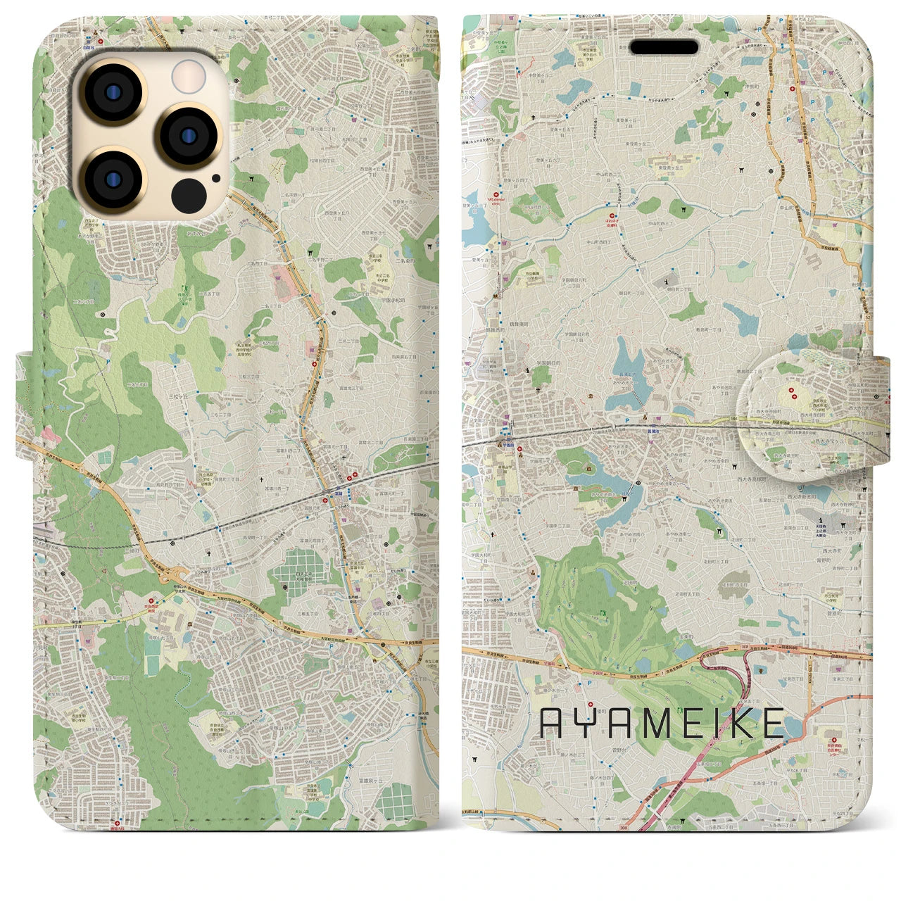 【菖蒲池(奈良県)】地図柄iPhoneケース(手帳タイプ)ナチュラル・iPhone 12 Pro Max 用