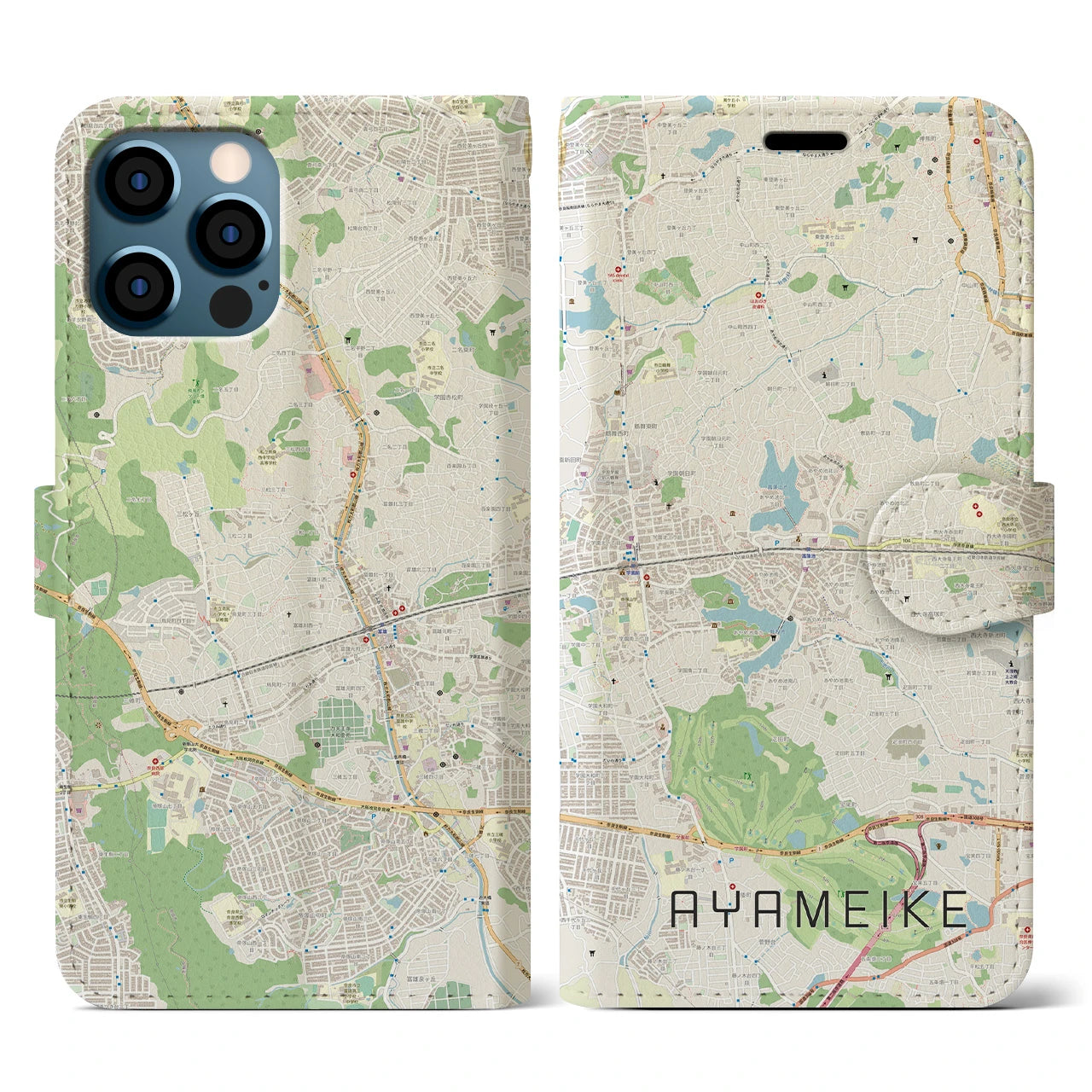 【菖蒲池(奈良県)】地図柄iPhoneケース(手帳タイプ)ナチュラル・iPhone 12 / 12 Pro 用