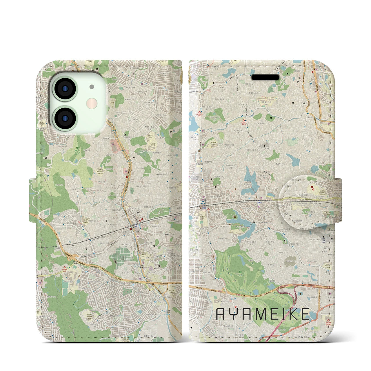 【菖蒲池(奈良県)】地図柄iPhoneケース(手帳タイプ)ナチュラル・iPhone 12 mini 用