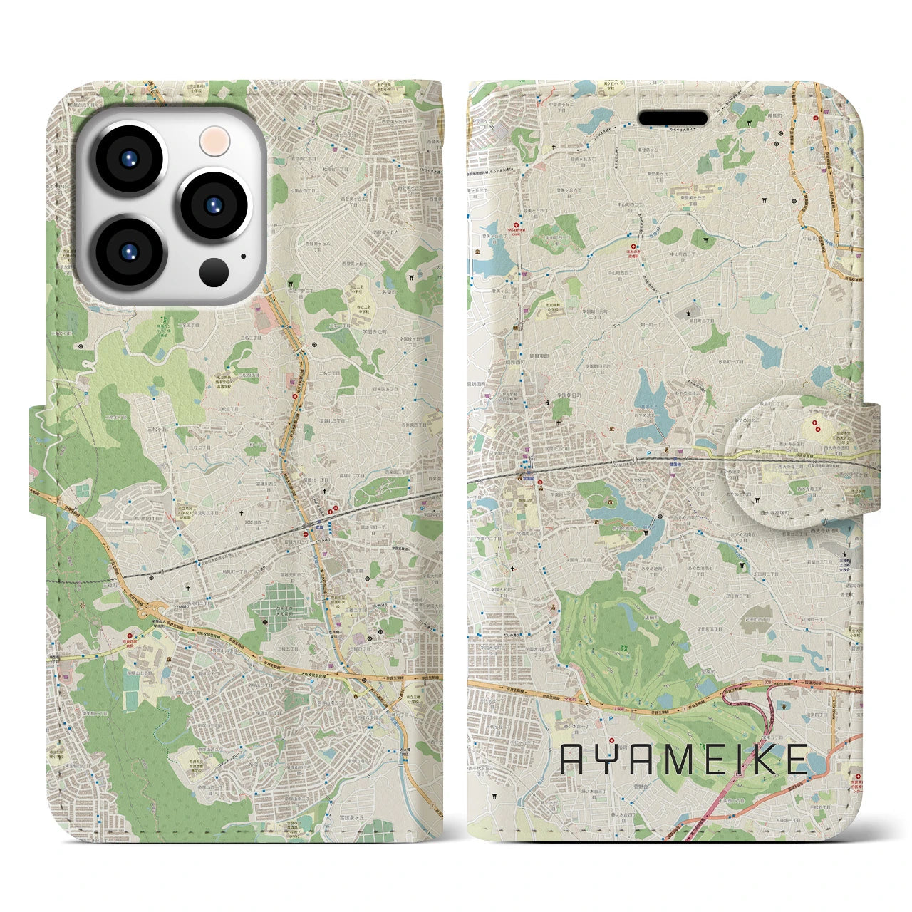 【菖蒲池(奈良県)】地図柄iPhoneケース(手帳タイプ)ナチュラル・iPhone 13 Pro 用
