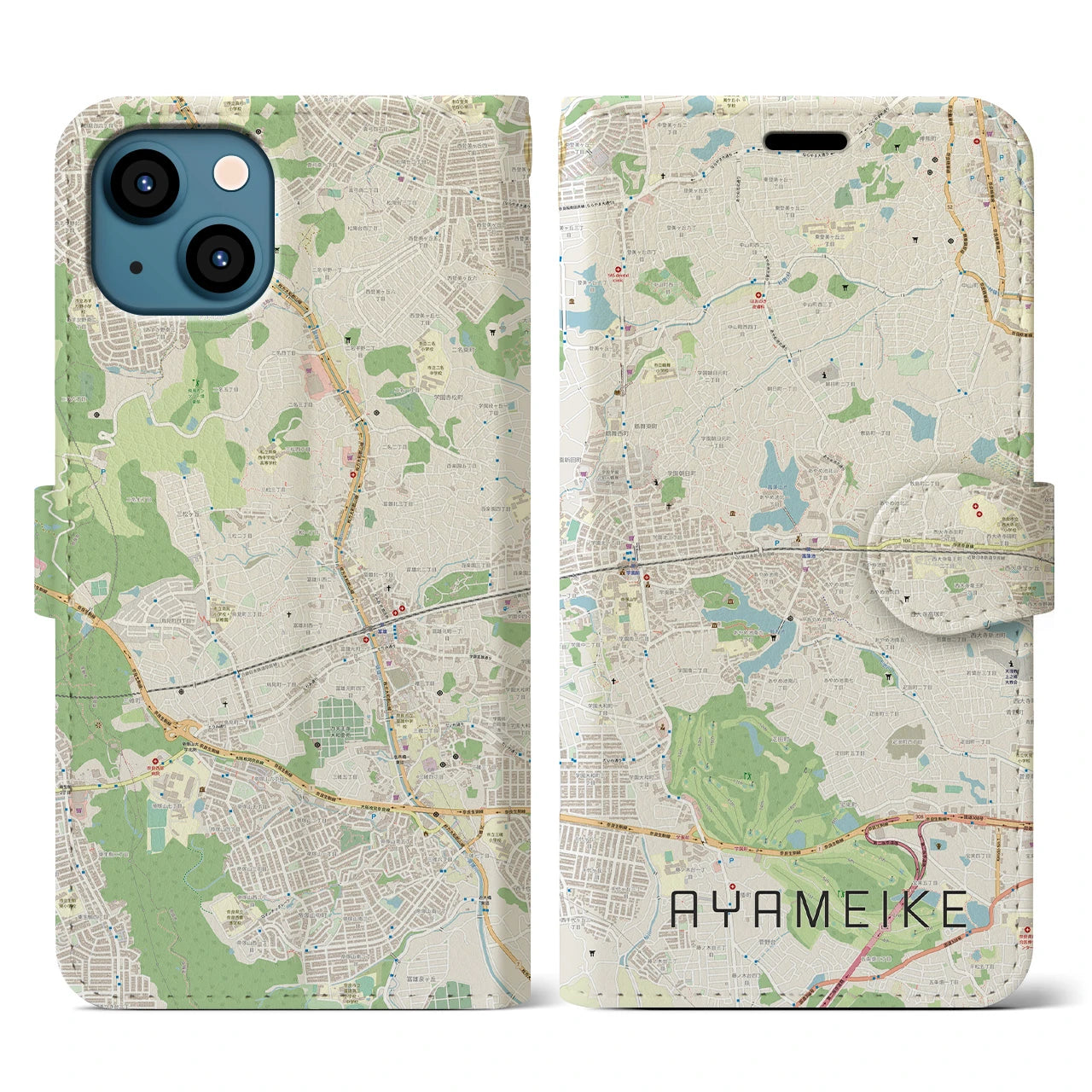 【菖蒲池(奈良県)】地図柄iPhoneケース(手帳タイプ)ナチュラル・iPhone 13 用