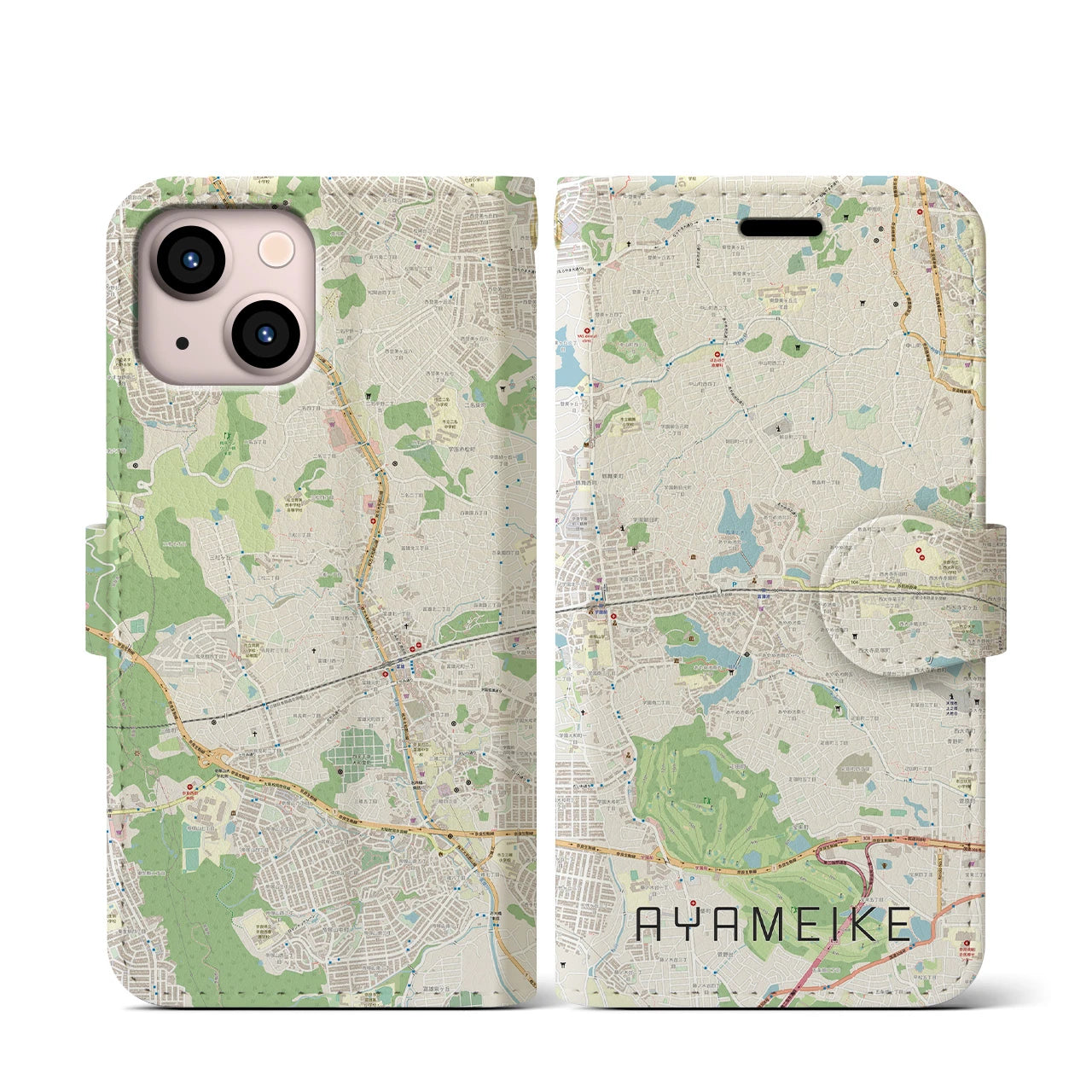 【菖蒲池(奈良県)】地図柄iPhoneケース(手帳タイプ)ナチュラル・iPhone 13 mini 用