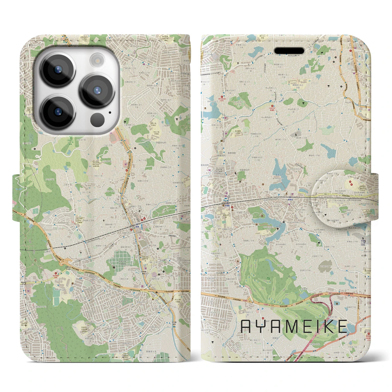 【菖蒲池(奈良県)】地図柄iPhoneケース(手帳タイプ)ナチュラル・iPhone 14 Pro 用