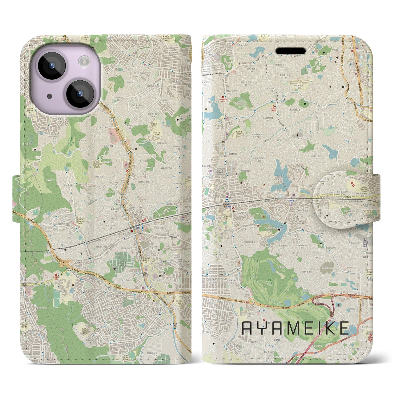 【菖蒲池(奈良県)】地図柄iPhoneケース(手帳タイプ)ナチュラル・iPhone 14 用