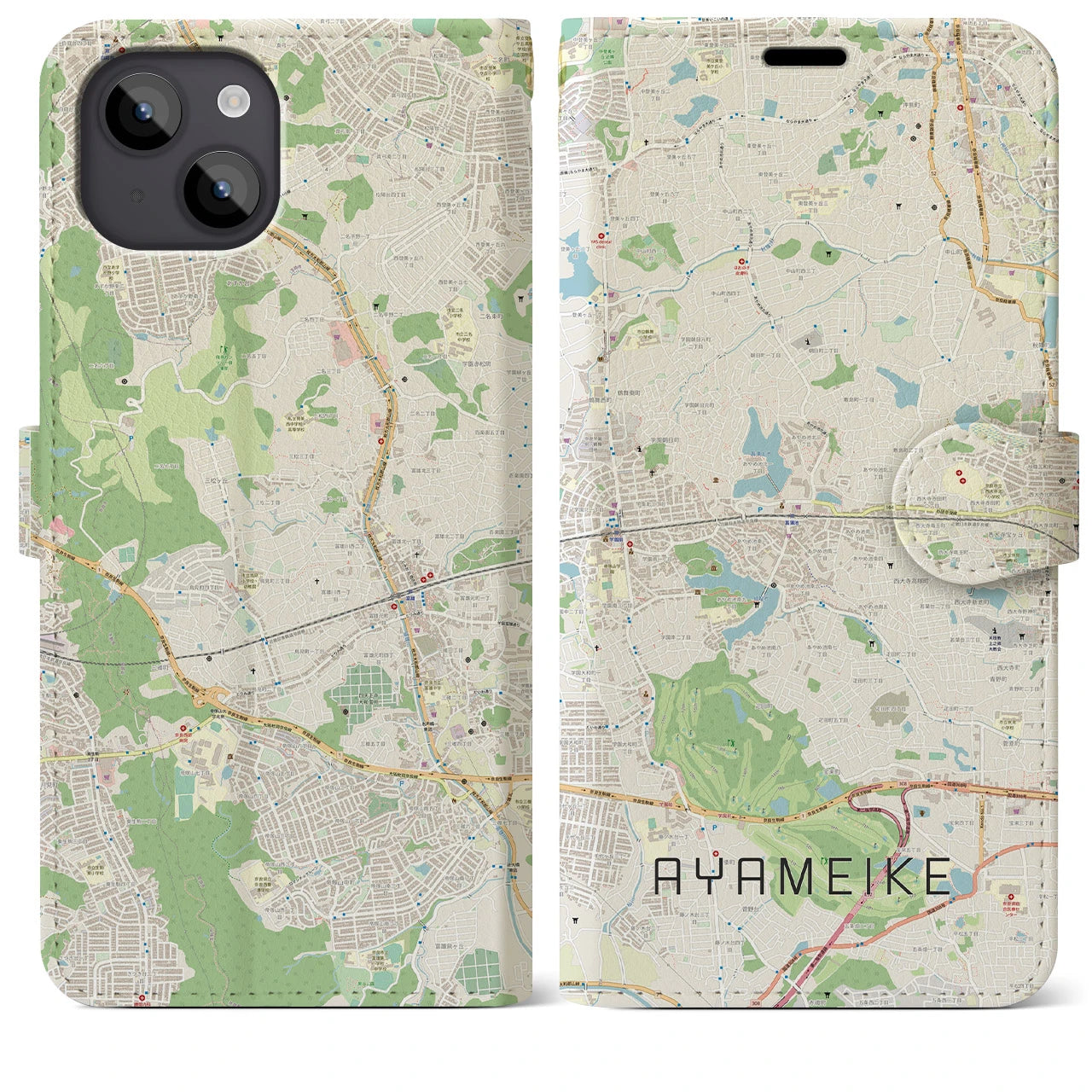 【菖蒲池(奈良県)】地図柄iPhoneケース(手帳タイプ)ナチュラル・iPhone 14 Plus 用