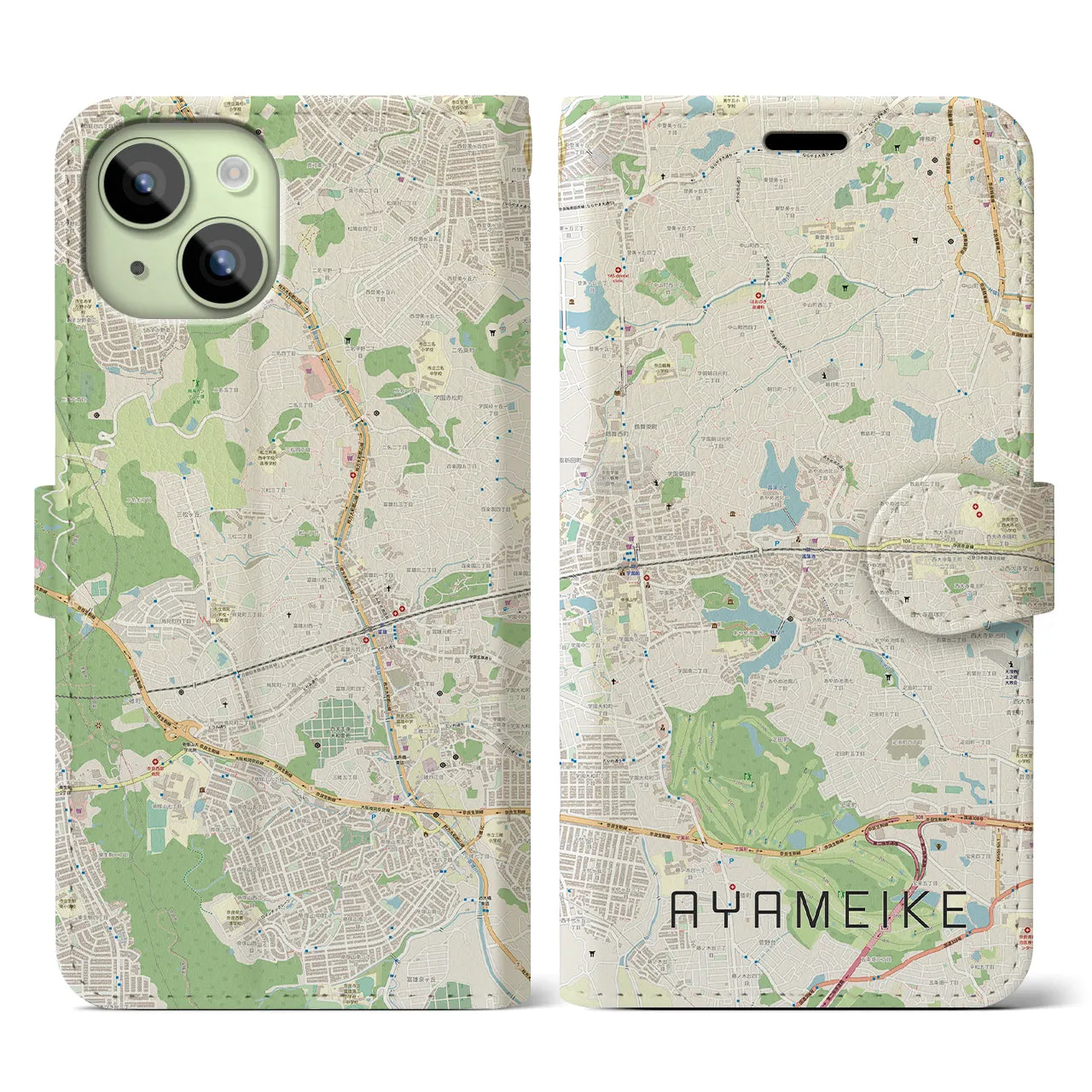 【菖蒲池(奈良県)】地図柄iPhoneケース(手帳タイプ)ナチュラル・iPhone 15 用