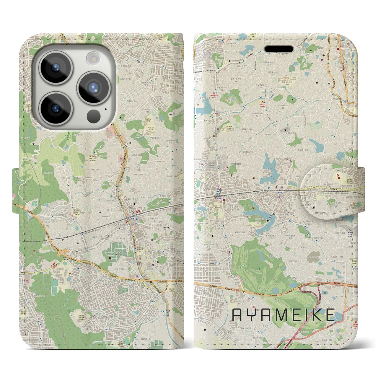 【菖蒲池(奈良県)】地図柄iPhoneケース(手帳タイプ)ナチュラル・iPhone 15 Pro 用