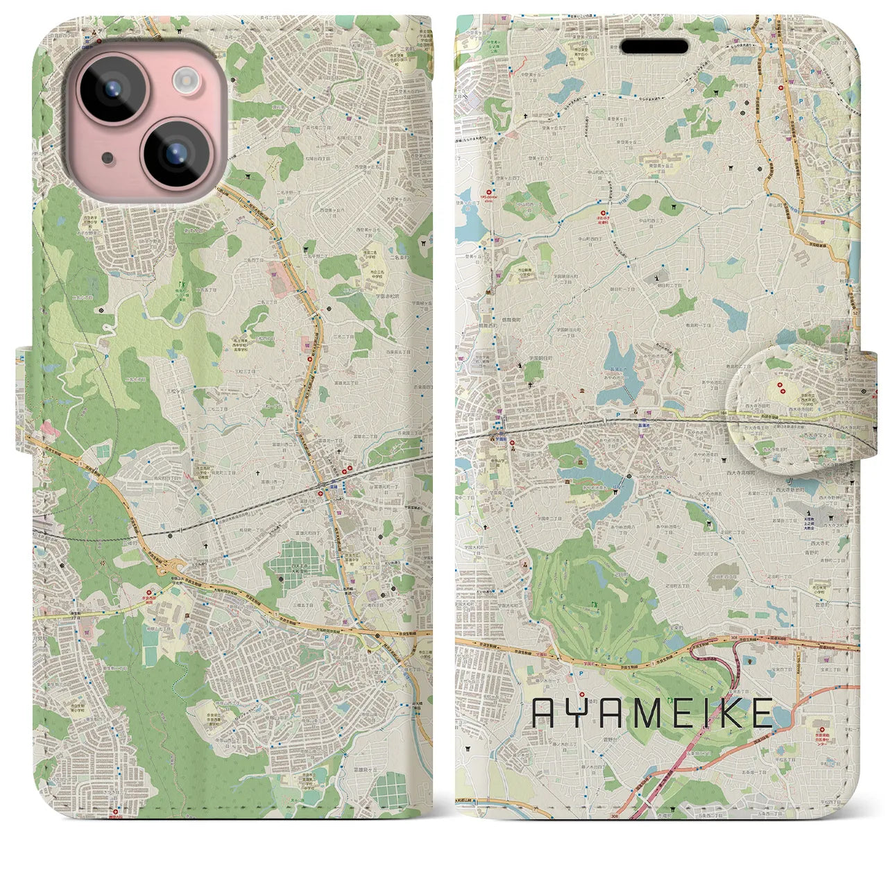 【菖蒲池(奈良県)】地図柄iPhoneケース(手帳タイプ)ナチュラル・iPhone 15 Plus 用