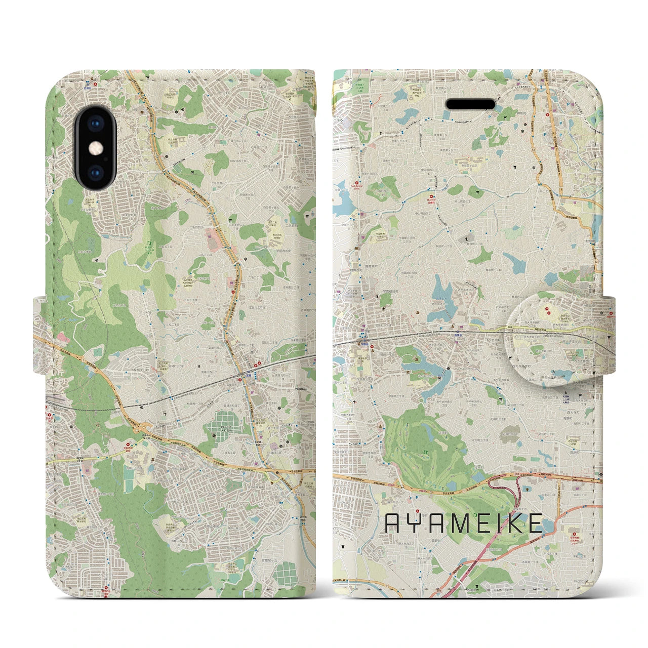 【菖蒲池(奈良県)】地図柄iPhoneケース(手帳タイプ)ナチュラル・iPhone XS / X 用