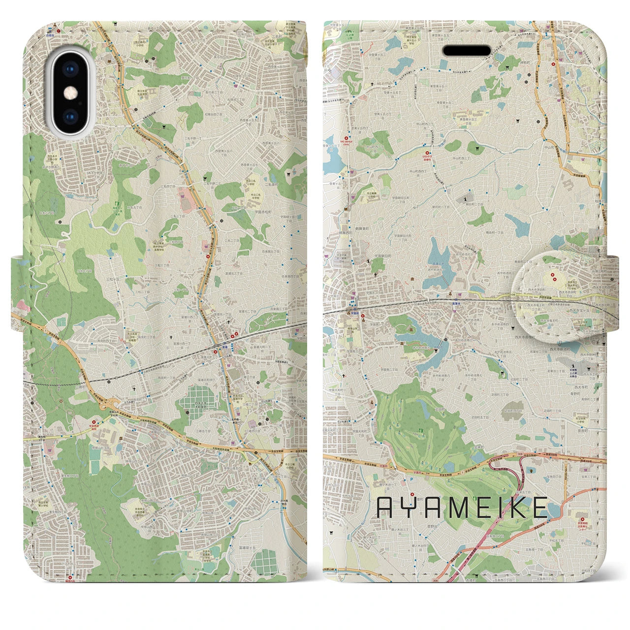 【菖蒲池(奈良県)】地図柄iPhoneケース(手帳タイプ)ナチュラル・iPhone XS Max 用