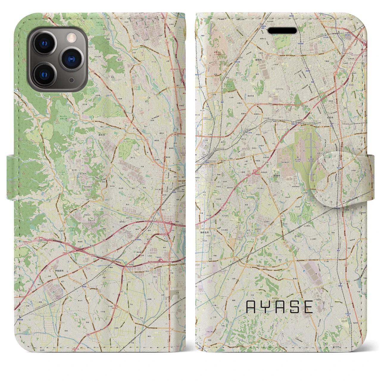 【綾瀬(神奈川県)】地図柄iPhoneケース(手帳タイプ)ナチュラル・iPhone 11 Pro Max 用