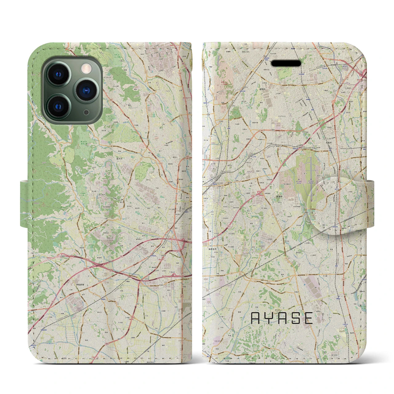 【綾瀬(神奈川県)】地図柄iPhoneケース(手帳タイプ)ナチュラル・iPhone 11 Pro 用