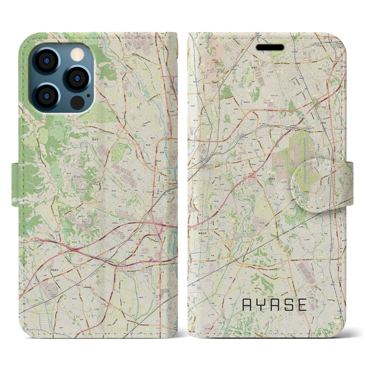 【綾瀬(神奈川県)】地図柄iPhoneケース(手帳タイプ)ナチュラル・iPhone 12 / 12 Pro 用