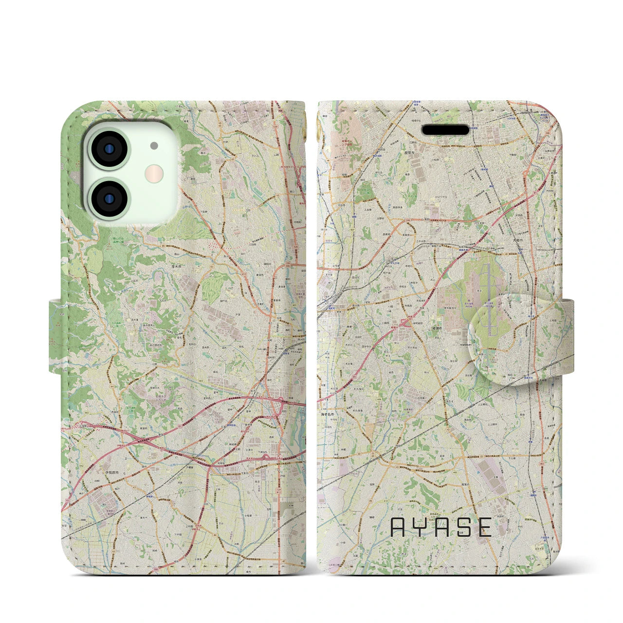 【綾瀬(神奈川県)】地図柄iPhoneケース(手帳タイプ)ナチュラル・iPhone 12 mini 用