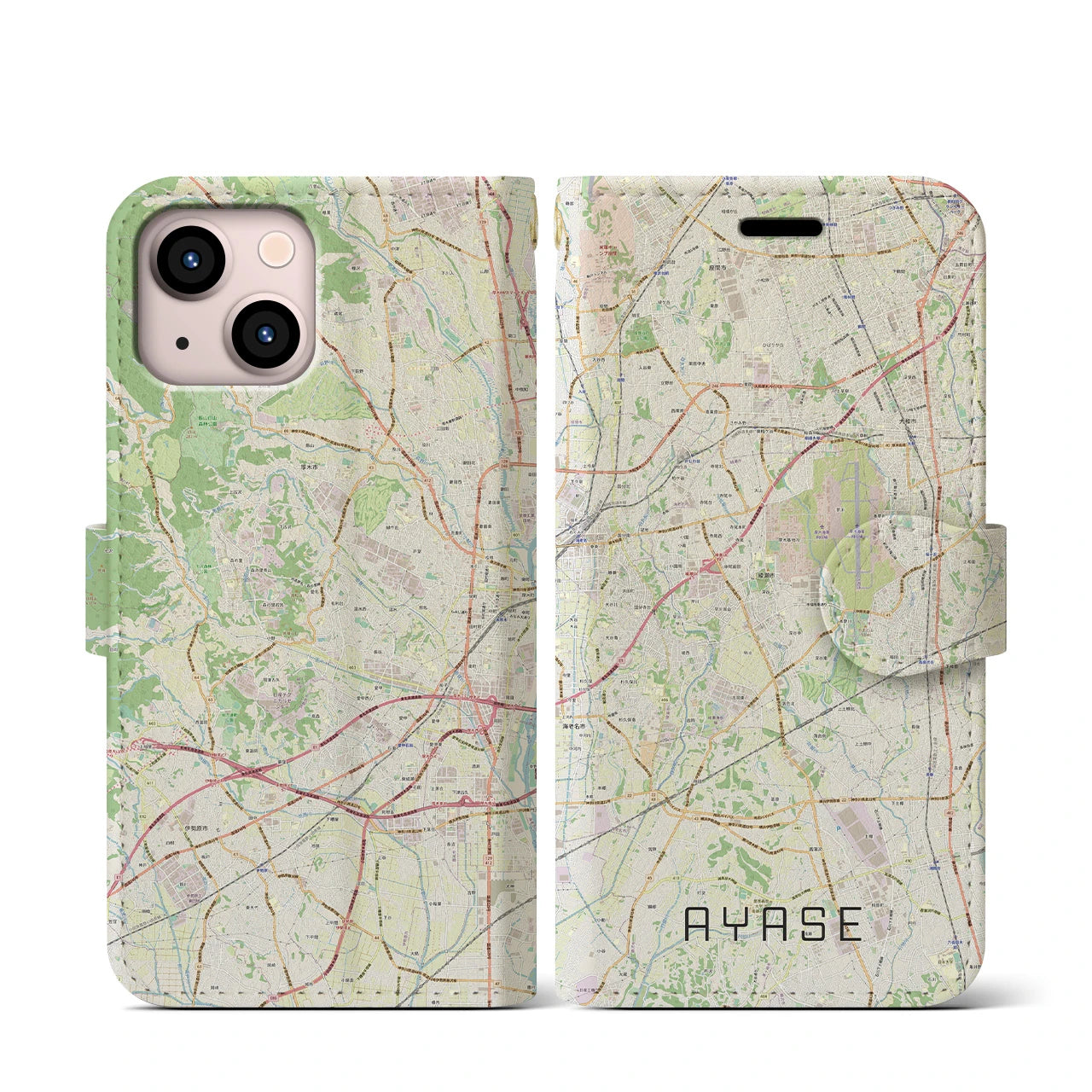 【綾瀬(神奈川県)】地図柄iPhoneケース(手帳タイプ)ナチュラル・iPhone 13 mini 用