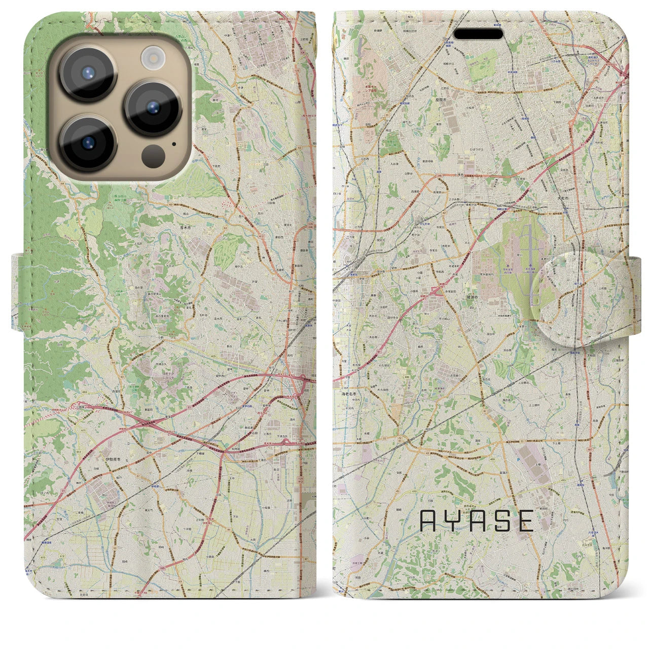 【綾瀬(神奈川県)】地図柄iPhoneケース(手帳タイプ)ナチュラル・iPhone 14 Pro Max 用