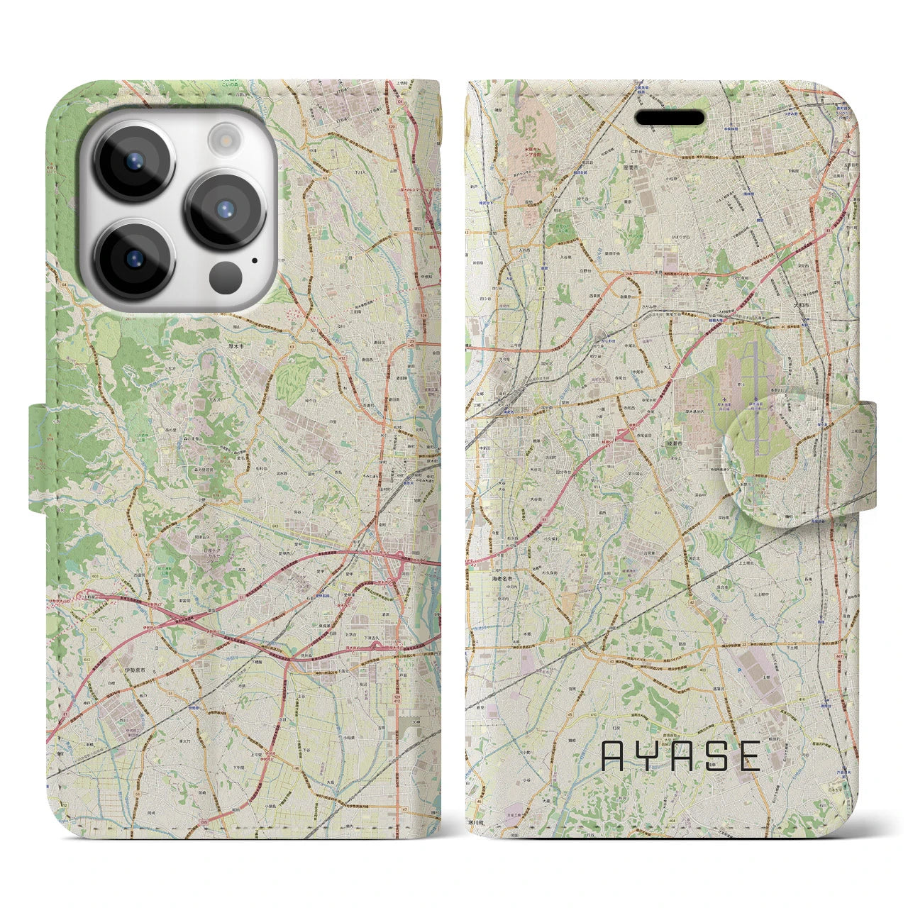 【綾瀬(神奈川県)】地図柄iPhoneケース(手帳タイプ)ナチュラル・iPhone 14 Pro 用