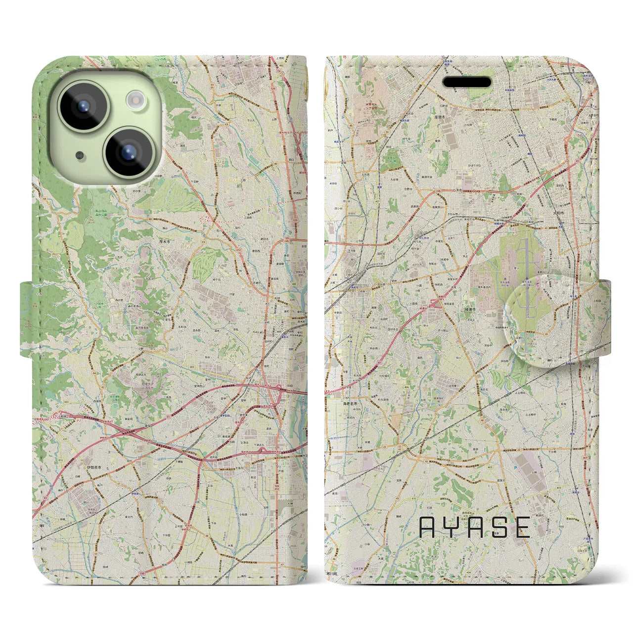 【綾瀬(神奈川県)】地図柄iPhoneケース(手帳タイプ)ナチュラル・iPhone 15 用