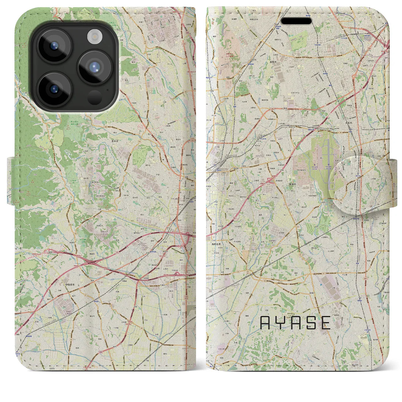 【綾瀬(神奈川県)】地図柄iPhoneケース(手帳タイプ)ナチュラル・iPhone 15 Pro Max 用