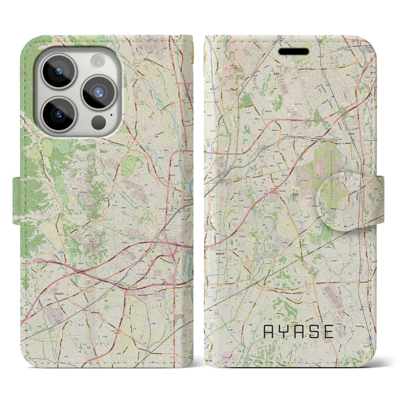 【綾瀬(神奈川県)】地図柄iPhoneケース(手帳タイプ)ナチュラル・iPhone 15 Pro 用