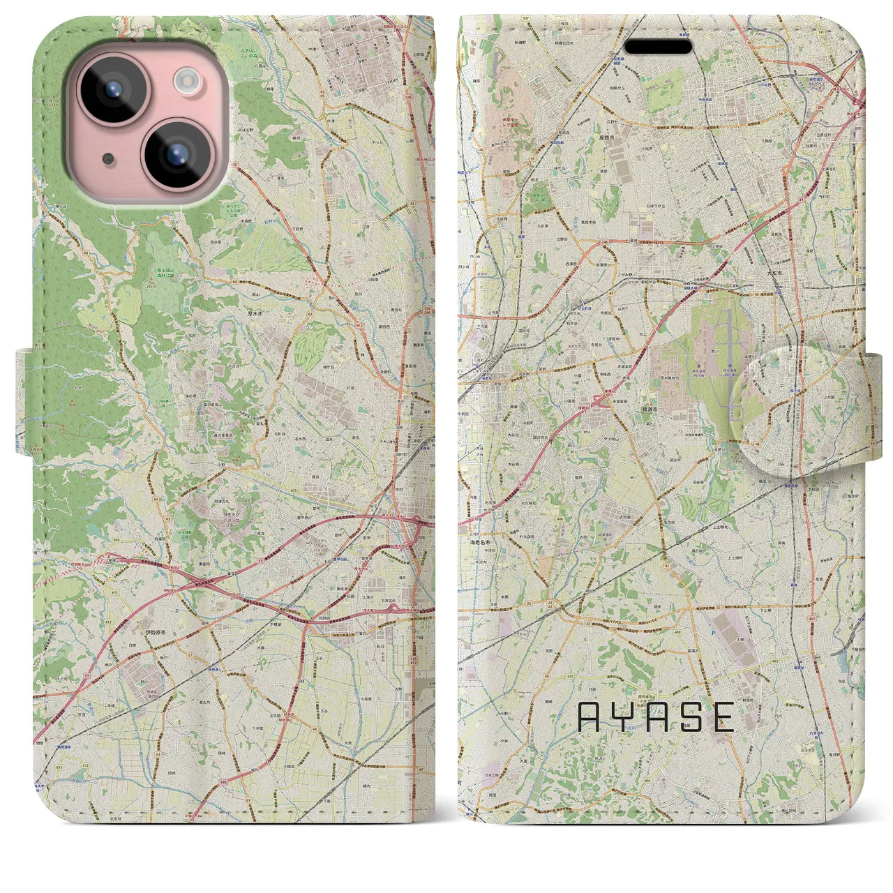 【綾瀬(神奈川県)】地図柄iPhoneケース(手帳タイプ)ナチュラル・iPhone 15 Plus 用