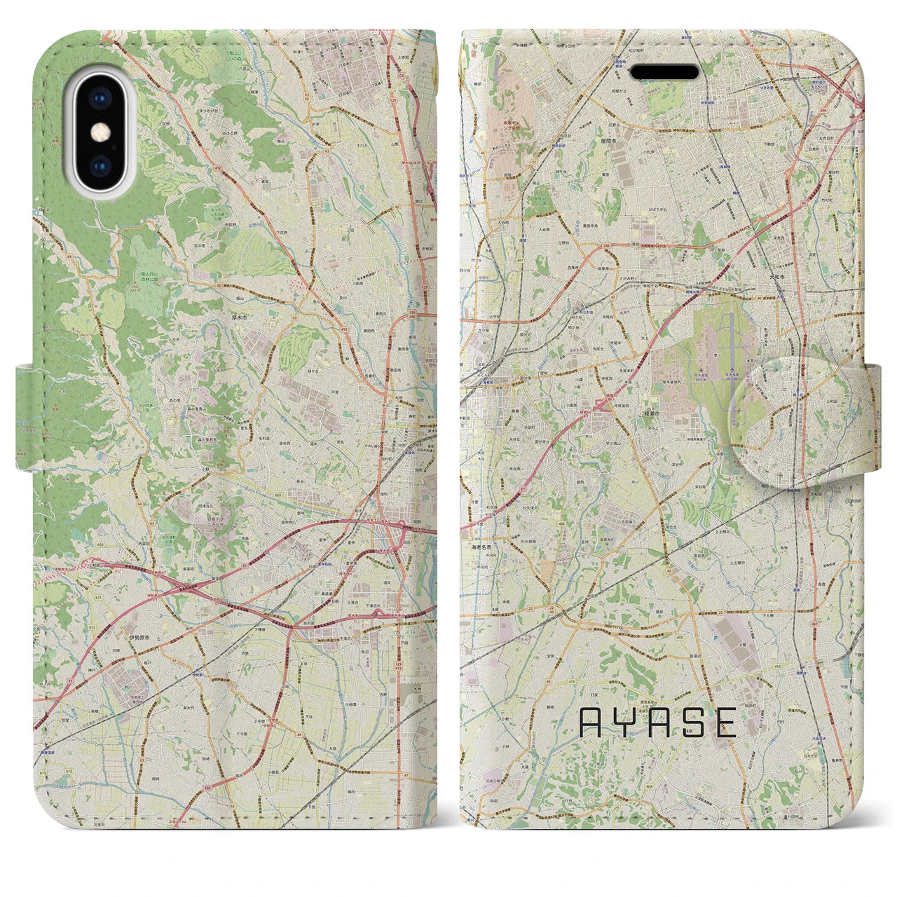 【綾瀬(神奈川県)】地図柄iPhoneケース(手帳タイプ)ナチュラル・iPhone XS Max 用