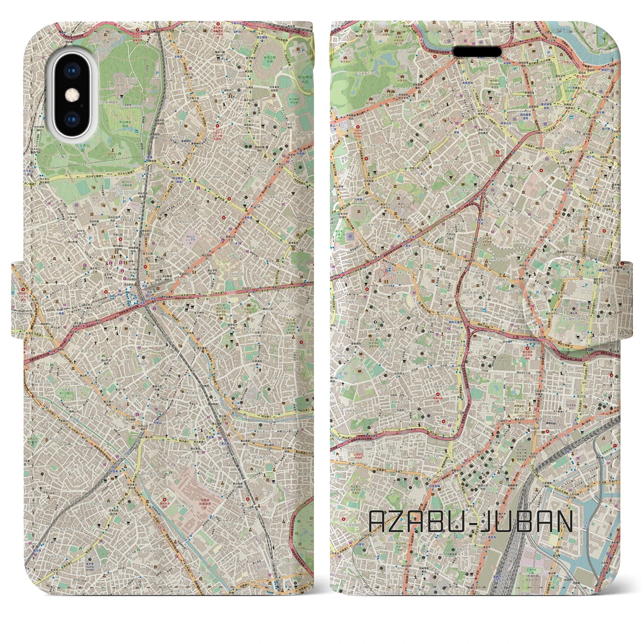 【麻布十番(東京都)】地図柄iPhoneケース(手帳タイプ)ナチュラル・iPhone XS Max 用