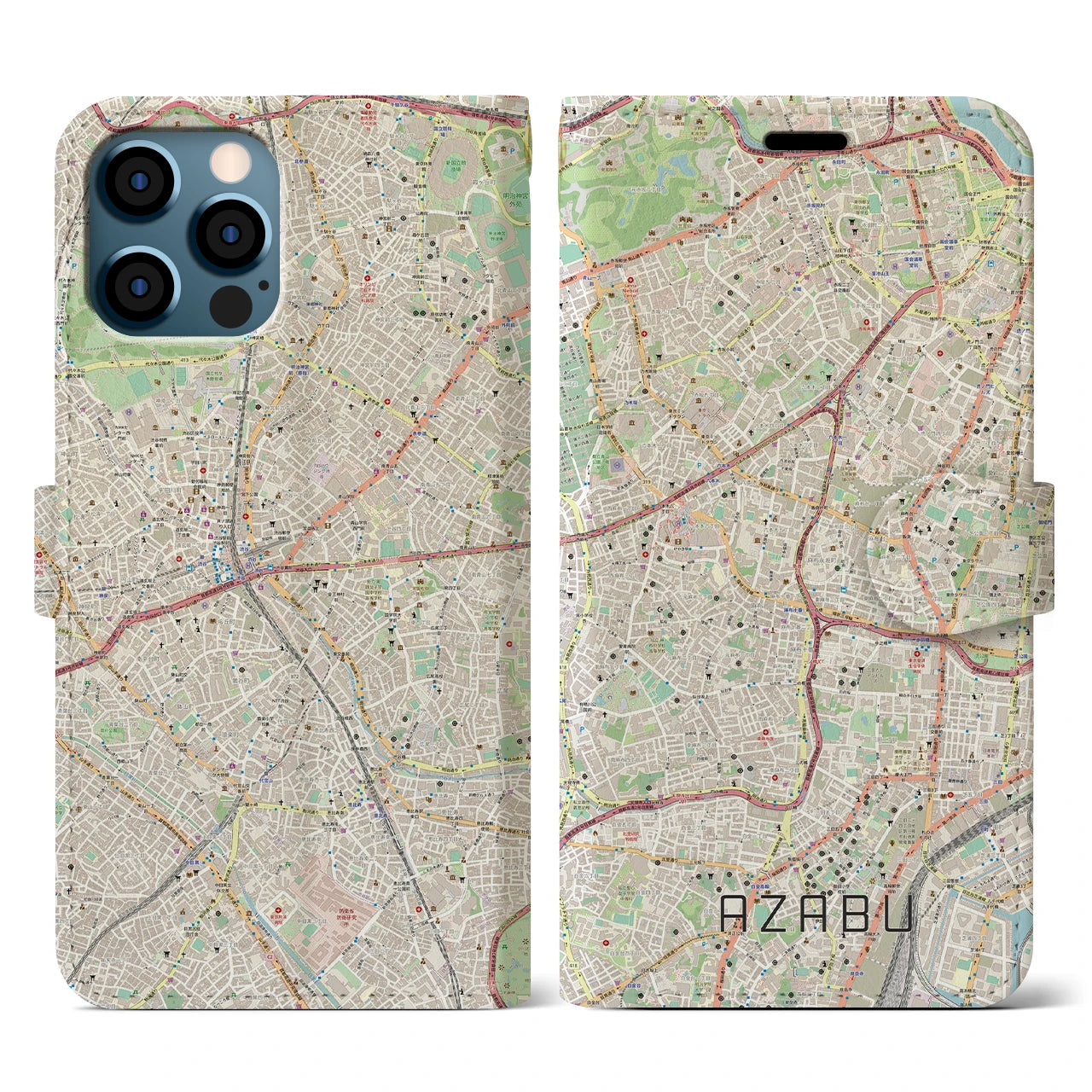 【麻布(東京都)】地図柄iPhoneケース(手帳タイプ)ナチュラル・iPhone 12 / 12 Pro 用