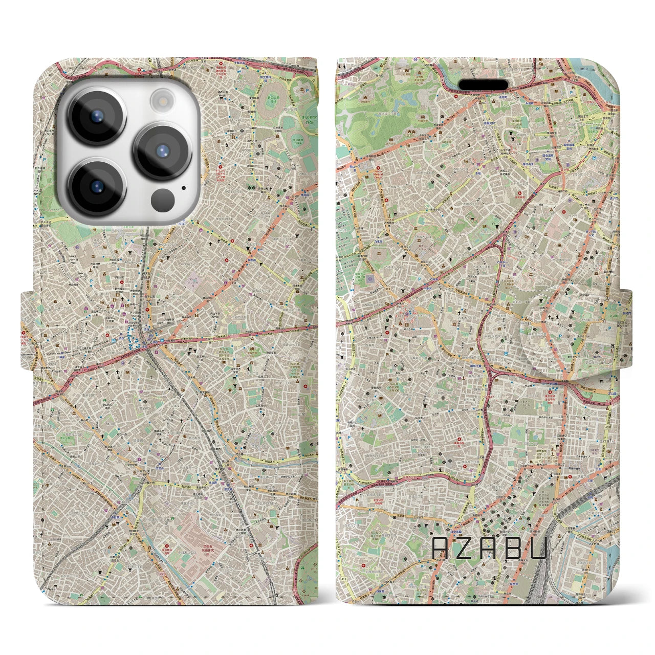 【麻布(東京都)】地図柄iPhoneケース(手帳タイプ)ナチュラル・iPhone 14 Pro 用
