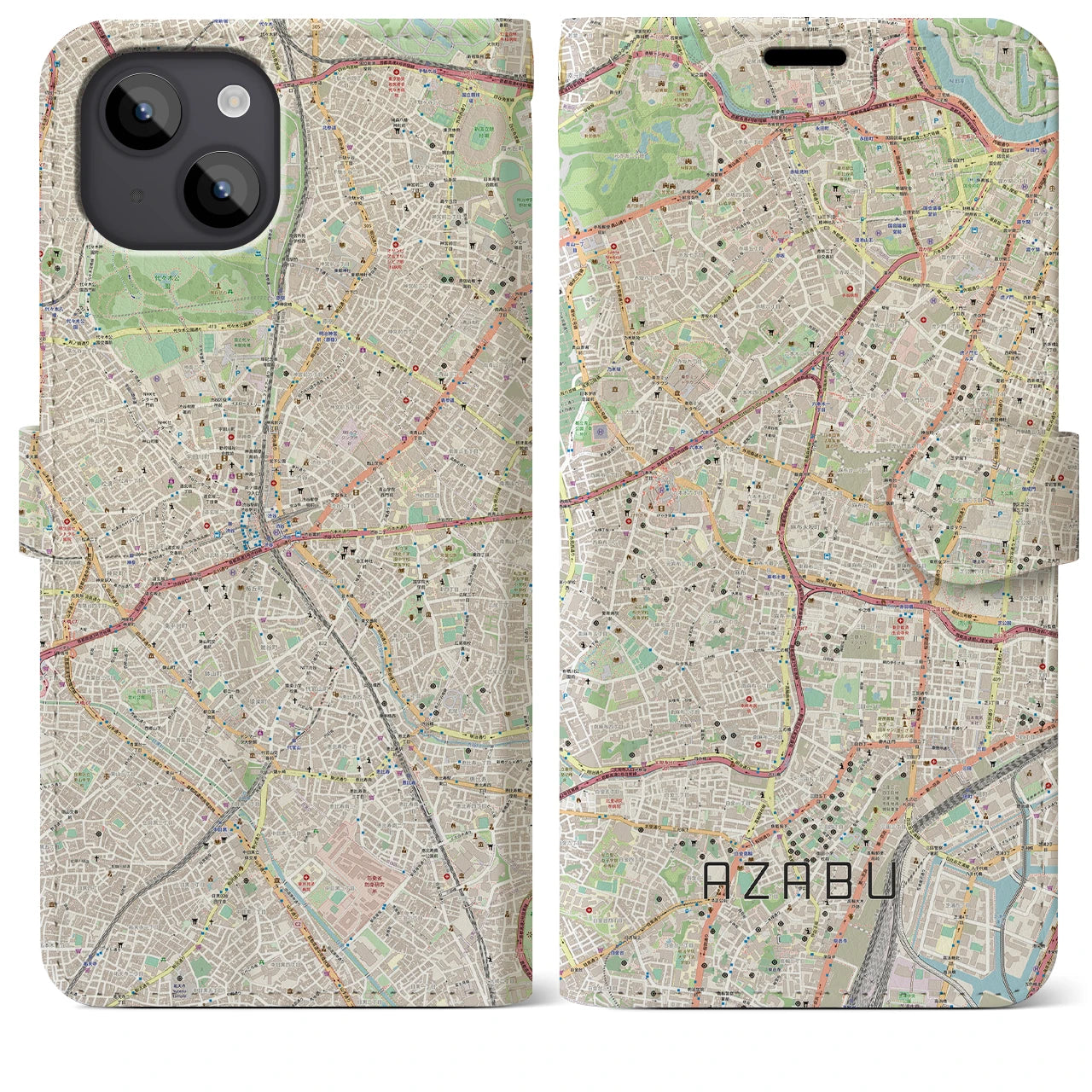 【麻布(東京都)】地図柄iPhoneケース(手帳タイプ)ナチュラル・iPhone 14 Plus 用