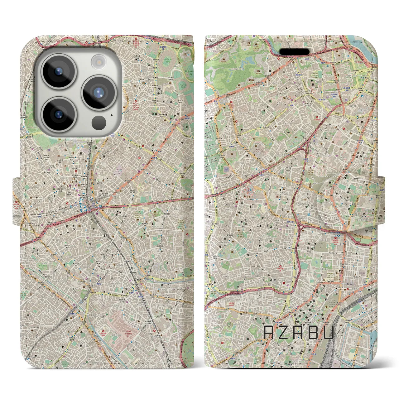 【麻布(東京都)】地図柄iPhoneケース(手帳タイプ)ナチュラル・iPhone 15 Pro 用
