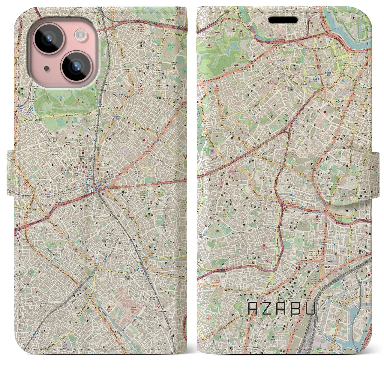 【麻布(東京都)】地図柄iPhoneケース(手帳タイプ)ナチュラル・iPhone 15 Plus 用