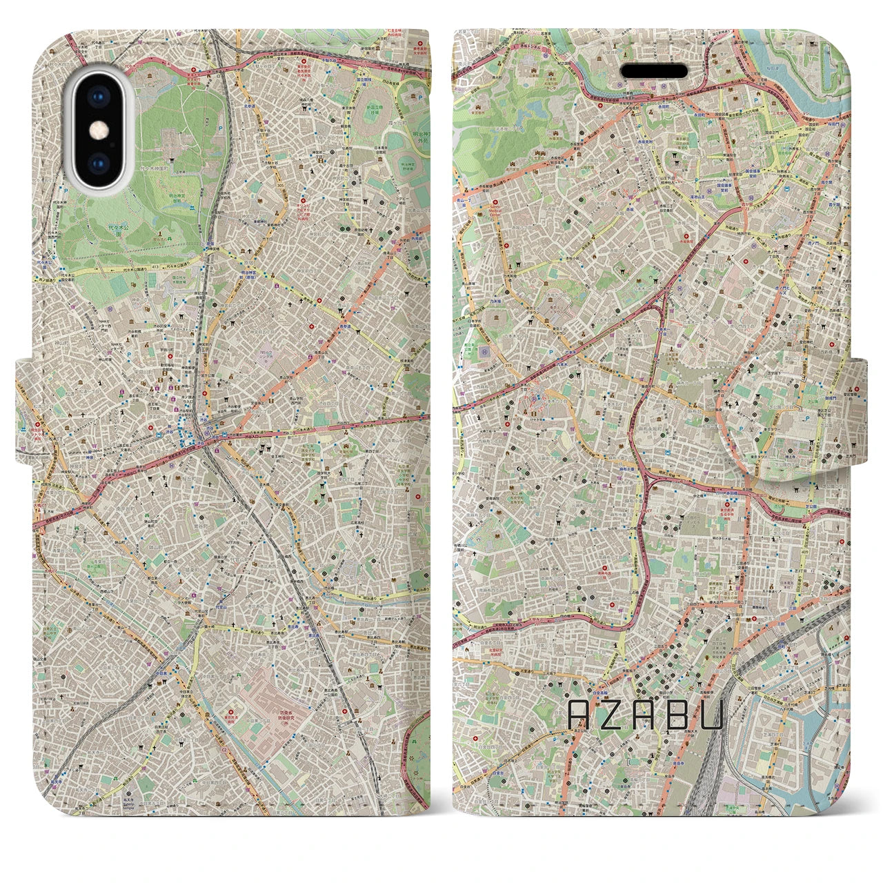 【麻布(東京都)】地図柄iPhoneケース(手帳タイプ)ナチュラル・iPhone XS Max 用
