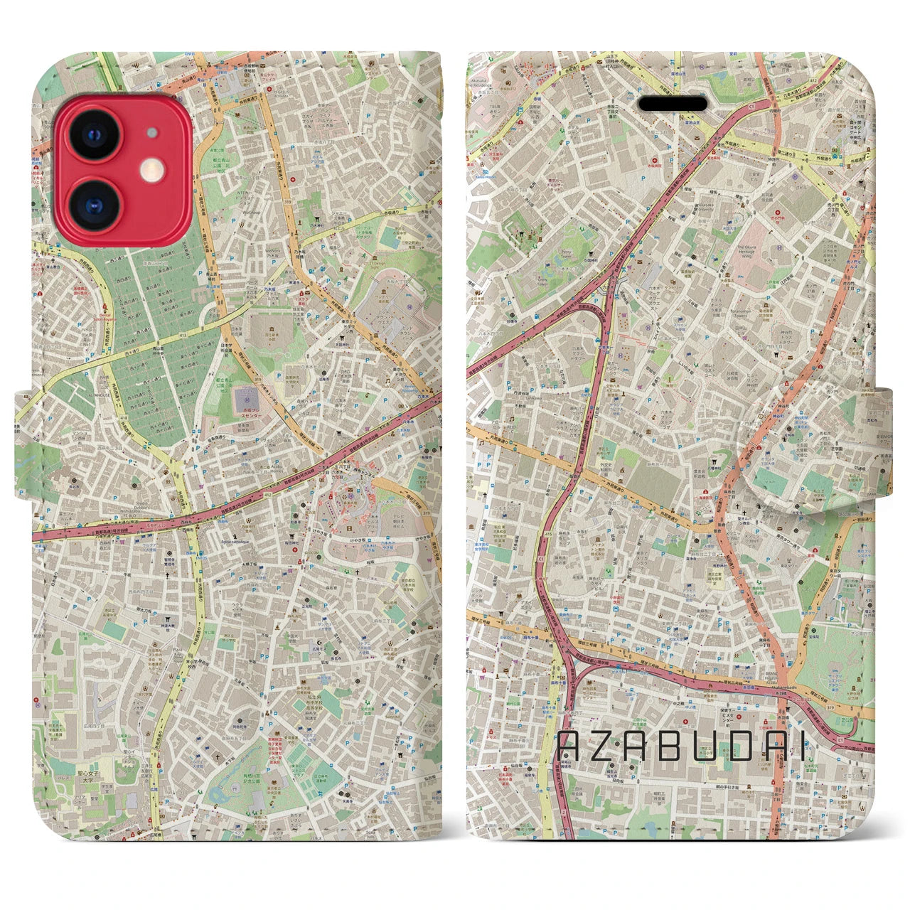 【麻布台(東京都)】地図柄iPhoneケース(手帳タイプ)ナチュラル・iPhone 11 用