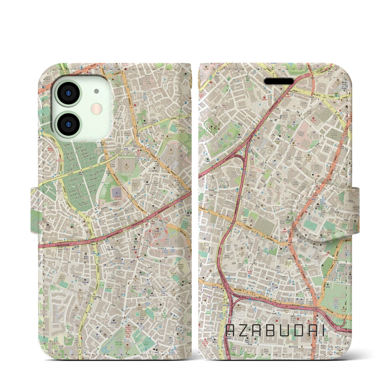 【麻布台(東京都)】地図柄iPhoneケース(手帳タイプ)ナチュラル・iPhone 12 mini 用