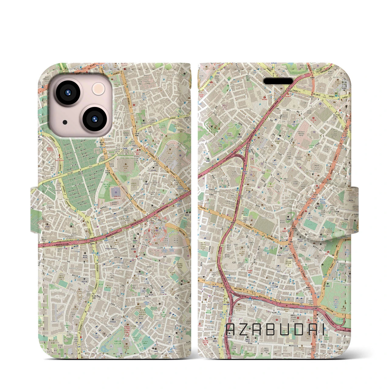 【麻布台(東京都)】地図柄iPhoneケース(手帳タイプ)ナチュラル・iPhone 13 mini 用